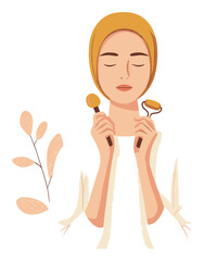 Elegant Cosmetic Illustration of Woman with Makeup Tools and Herbs