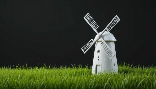 White windmill on green grass with a black background for design or illustration