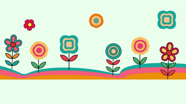 Pop art retro style flower quickly grows moving blooms in a bed of flowers with abstarct background of wavy hills Trippy, funky, groovy psychedelic style animation Copy space bottom of the video