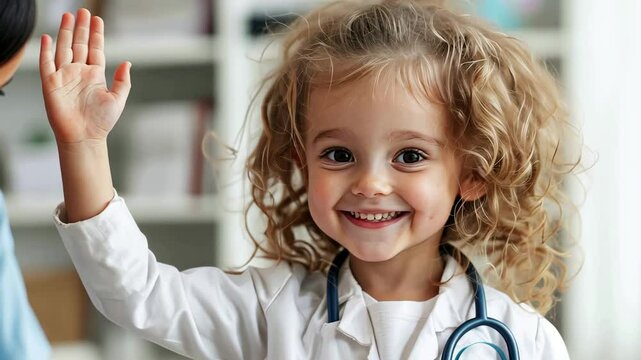 Smiling child doctor pretend play with stethoscope in bright room