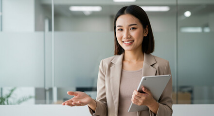 Happy young Asian saleswoman looking at camera welcoming client. Smiling woman executive manager, secretary offering professional business services holding digital tablet standing in office. Portrait