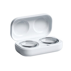 Open white charging case for wireless earbuds.  Two clear earbud compartments visible inside the open case