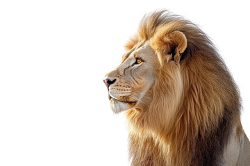 Fototapeta premium Lion's Majestic Profile: A striking profile view of a regal lion, showcasing its impressive mane and intense gaze, radiating power and wilderness.