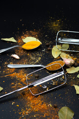 Panorama spices and herbs for food labels. Seasonings and flavors background