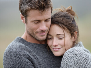 Fototapeta premium portrait of a happy young couple embracing on a blurred background