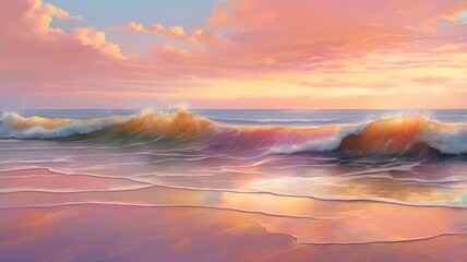 Sunset on a quiet coast with golden light reflecting off gentle waves and soft clouds casting a warm glow