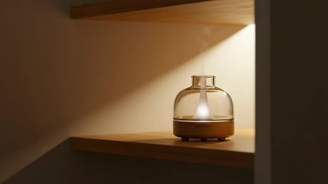 Glass diffuser illuminated on wooden shelf in minimalist interior  