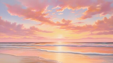 Sunset on a quiet coast with golden light reflecting off gentle waves and soft clouds casting a warm glow