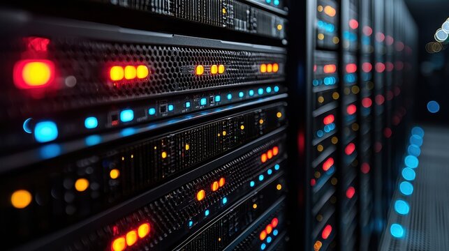 A sleek, modern server rack, bathed in the cool glow of LED panels, housed rows of powerful servers humming with energy 