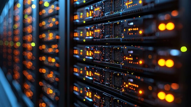 A sleek, modern server rack, bathed in the cool glow of LED panels, housed rows of powerful servers humming with energy 