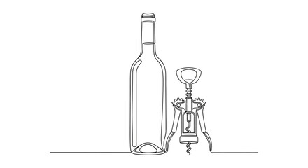 Continuous Line Drawing of Wine Bottle and Corkscrew