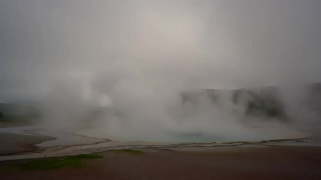 Dramatic aerial footage of the Vrata Ada geyser erupting in the Valley of Geysers, located in Kronotsky Nature Reserve, Kamchatka Peninsula, Russia