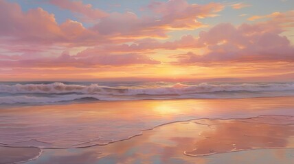 Sunset on a quiet coast with golden light reflecting off gentle waves and soft clouds casting a warm glow