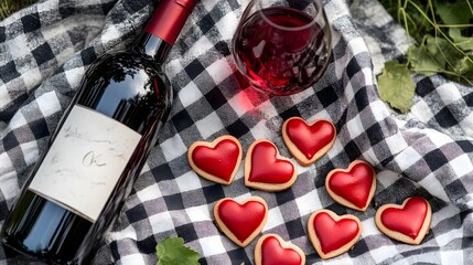 A romantic picnic scene with heart-shaped cookies and a bottle of wine placed on a checkered blanket