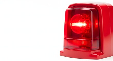 A close up of a red flashing emergency light against a plain white background space