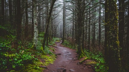 Obraz premium Misty forest path shrouded in fog