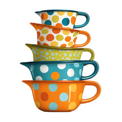 Colorful nested mixing bowls with polka dots and bright patterns stacked in a playful arrangement on a white background for cooking and baking style