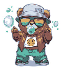 Cartoon Bear Character with Sunglasses and Bubble in Fun Art Style