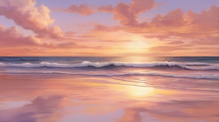Sunset on a quiet coast with golden light reflecting off gentle waves and soft clouds casting a warm glow