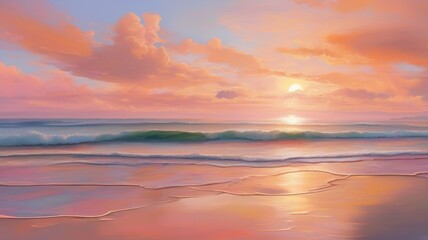 Sunset on a quiet coast with golden light reflecting off gentle waves and soft clouds casting a warm glow