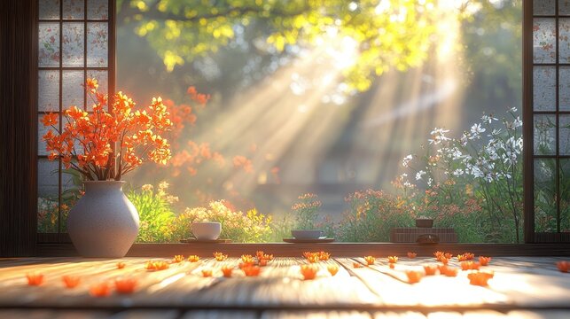 A warm and inviting cafe scene, where a cozy shelf and table, bathed in golden light, create an inviting haven for customers 