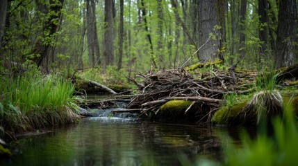 Obraz premium Forest stream with natural dam