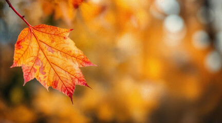 Obraz premium Vibrant autumn maple leaf with a blurred golden background