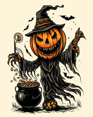 Spooky Halloween Pumpkin Character with Cauldron and Bats in a Night Scene