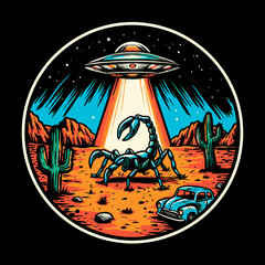 Scorpion Alien Abduction Retro Vector Art with Desert Landscape Scene
