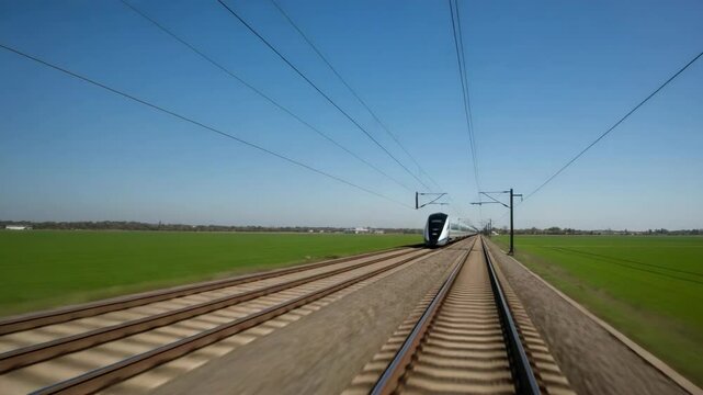 High-speed train traveling on railway tracks through green fields  