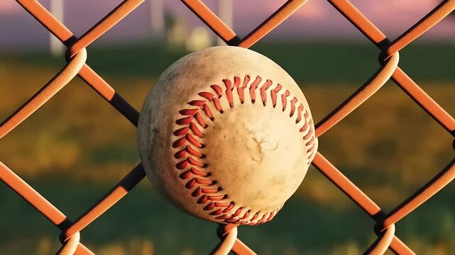 A worn baseball caught in a chain-link fence illuminated by warm sunlight