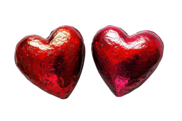 Crimson Hearts of Affection: Two vivid, heart-shaped objects, gleaming with a passionate red hue, symbolizing love and affection. A visual embodiment of emotion and warmth.