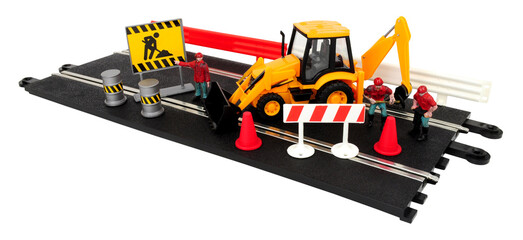 Slot car racing track road repair scene with excavator and work crew figures isolated on a white background