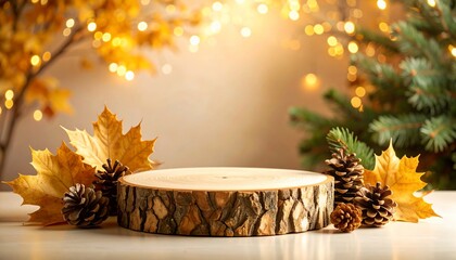 Autumnal Wooden Display with Pine Cones and Maple Leaves