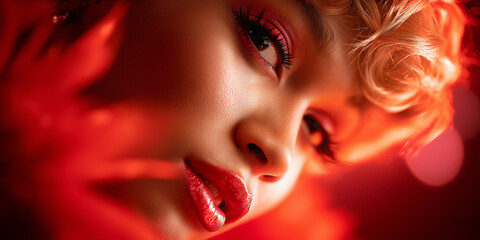 Nahaufnahme von Frauenlippen mit rotem Lippenstift und Licht