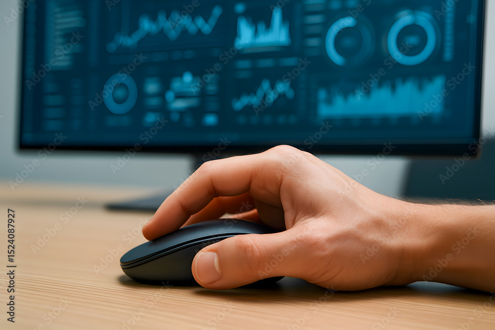 Aufkleber Hand Using Computer Mouse in Front of Data Analytics Display