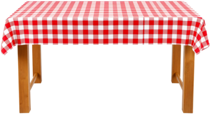 Empty wooden table with red gingham tablecloth isolated on transparent background