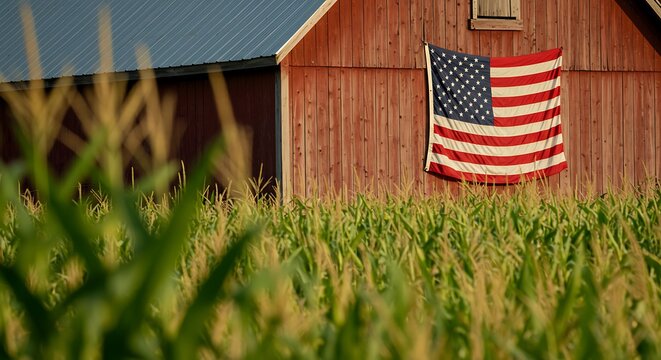 Patriotic Barn: American Flag Draped on Rustic Red Wood, Cornfield View