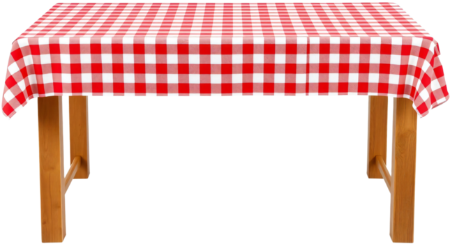 Empty wooden table with red gingham tablecloth isolated on transparent background