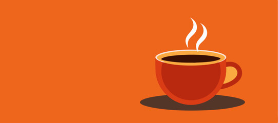 Illustration of a red or reddish orange coffee cup with a cartoon character. This image is very cheerful and inviting, depicting a lively and happy cup of coffee, as if ready to brighten up the day.