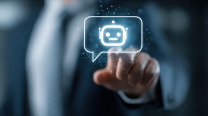 A person in a formal suit engages with a virtual assistant interface, showcasing the integration of chatbot technology in a workplace setting for improved communication