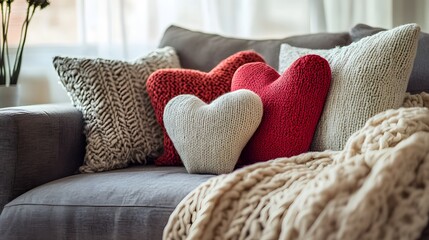 A cozy home setting with heart-shaped pillows placed on a couch and a soft throw blanket