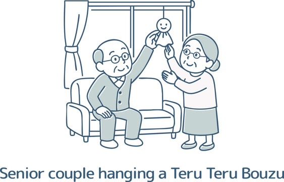 てるてる坊主を吊るしているシニアの夫婦
Senior couple hanging up a Teru Teru Bouzu