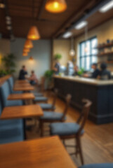 Obraz premium Defocused Background of Cozy Urban Cafe Interior with Wooden Tables and Coffee Bar, Perfect for Relaxing or Working. Blurred Background Photo.