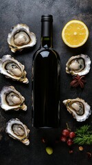 A bottle of wine surrounded by fresh oysters and a slice of lemon, creating an elegant and appetizing still life perfect for culinary enthusiasts and food photography lovers.