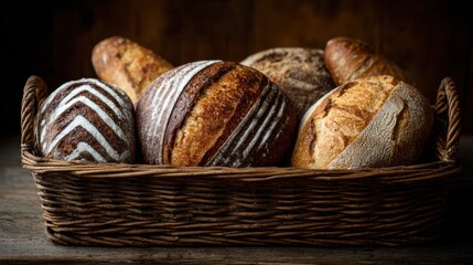 A variety of artisan bread loaves are beautifully arranged in a woven basket resting on a rustic wooden table. The crusty textures and intricate patterns showcase skilled baking