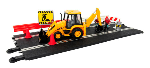 Slot car racing track road repair scene with excavator and work crew figures isolated on a white background