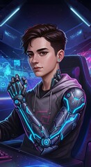 Digital painting of esports player with cybernetic enhancements in neon-lit arena
