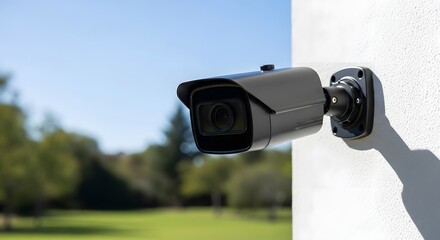 A black security camera mounted on a white wall with a blurred outdoor background view