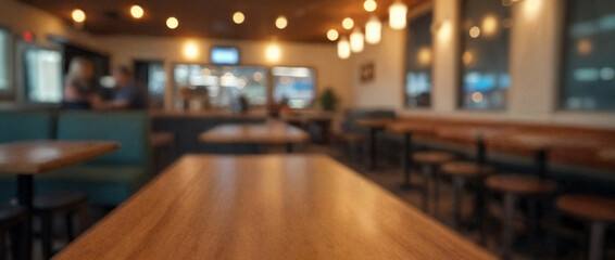 Defocused Background of Cozy Urban Cafe Interior with Wooden Tables and Coffee Bar, Perfect for Relaxing or Working. Blurred Background Photo.